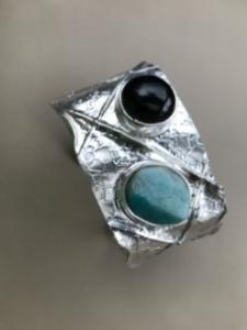 Smoky Quartz and Amazonite Cuff Bracelet in Textured and Folded Silver